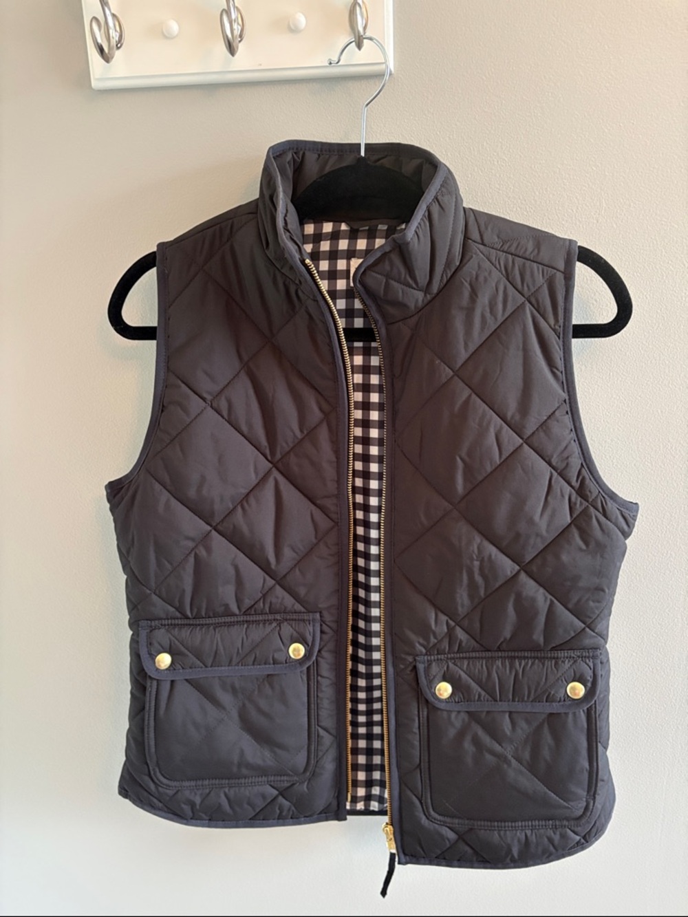 J. Crew Black Quilted Vest with Black-and-White Gingham Lining